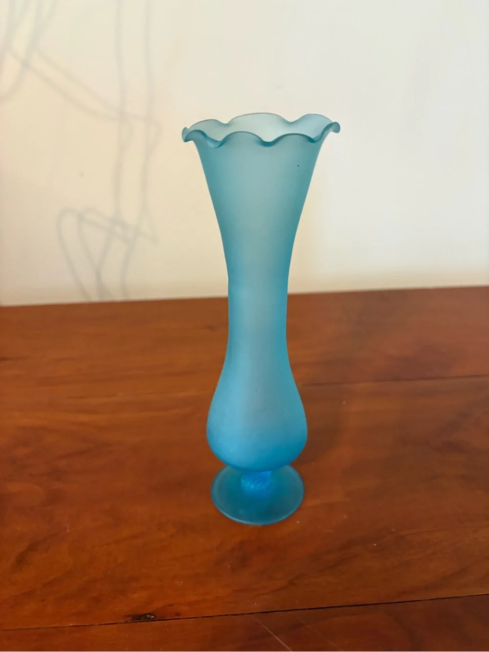 Vintage Frosted Blue Satin Art Glass Bud Vase Ruffled Scalloped Rim 8”